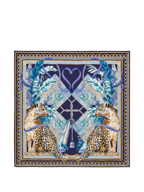 Ferragamo Poised leopards-print silk scarf Blue 795094