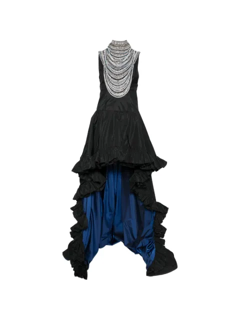 DUNESI Carmen crystal-embellished ruffled gown Black DUNCARMUL