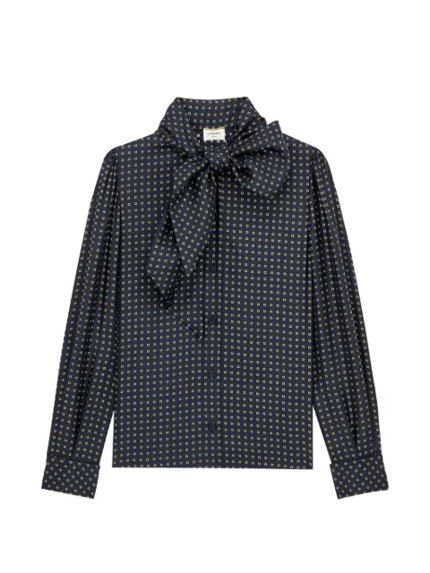 Saint Laurent geometric-print pussy-bow blouse Blue 867750Y6K12