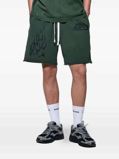 GODMADE logo-print raw-edge shorts Green GMST013763