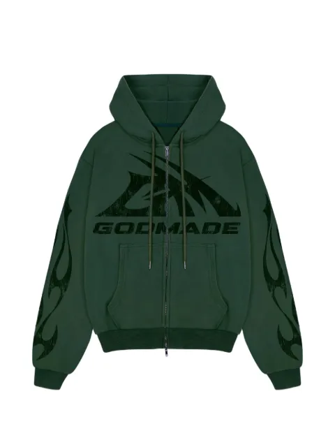 GODMADE logo-print flame-detail hoodie Green GMHZ012468