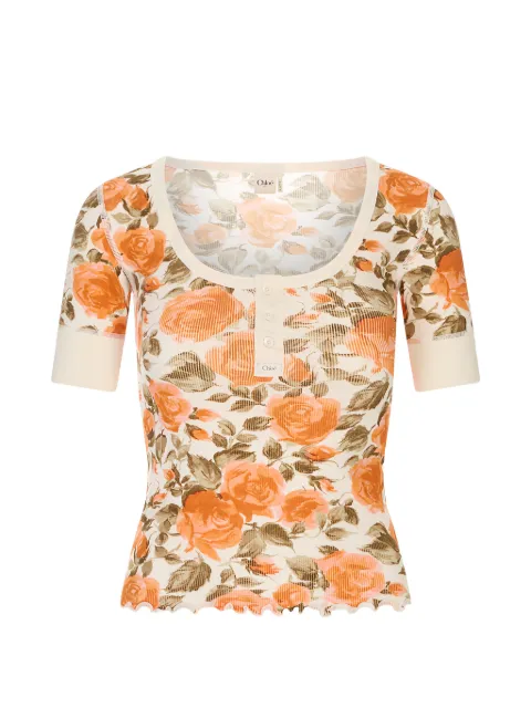 Chloé floral-print ribbed-knit t-shirt Neutrals CH26UJH56909