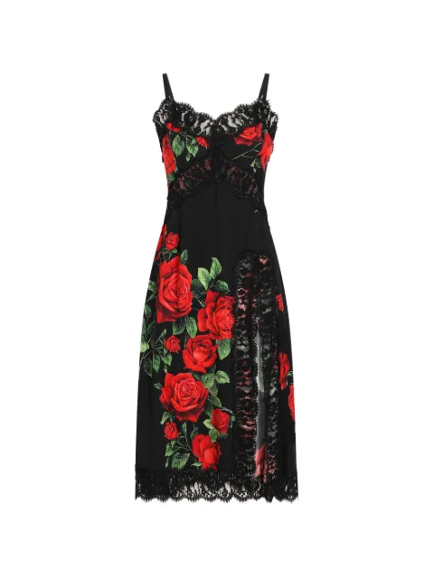 Dolce & Gabbana rose-print charmeuse midi dress Black F619NTFSA9R