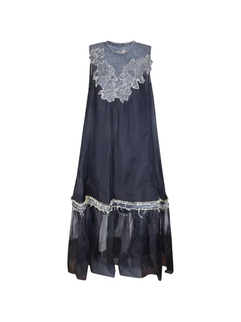 HUI MILANO floral-appliqué frayed-edge midi dress Blue HW21GD3573