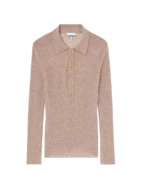 GANNI ribbed-knit long-sleeved polo top Neutrals A1070281