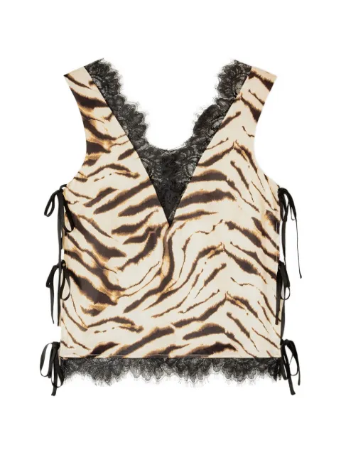GANNI animal-print lace-trim top Neutrals A1040399