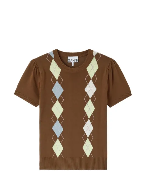GANNI argyle-pattern puff-sleeve T-shirt Brown A1040295