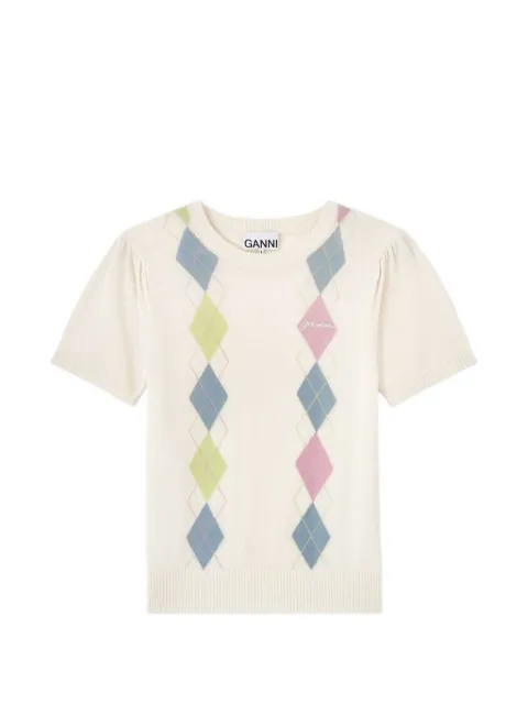 GANNI argyle-pattern puff-sleeve T-shirt White A1040295
