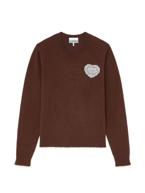 GANNI logo-patch crochet-trim sweater Brown A1150004