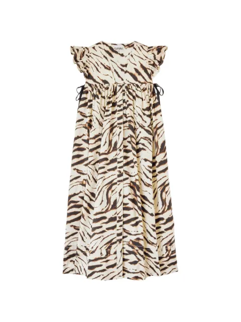 GANNI tiger-print ruffled midi dress Neutrals A1030624