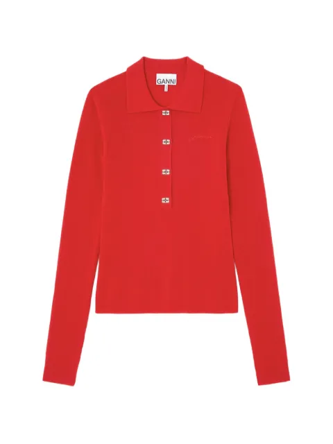 GANNI logo-button long-sleeve polo shirt Red A1170006