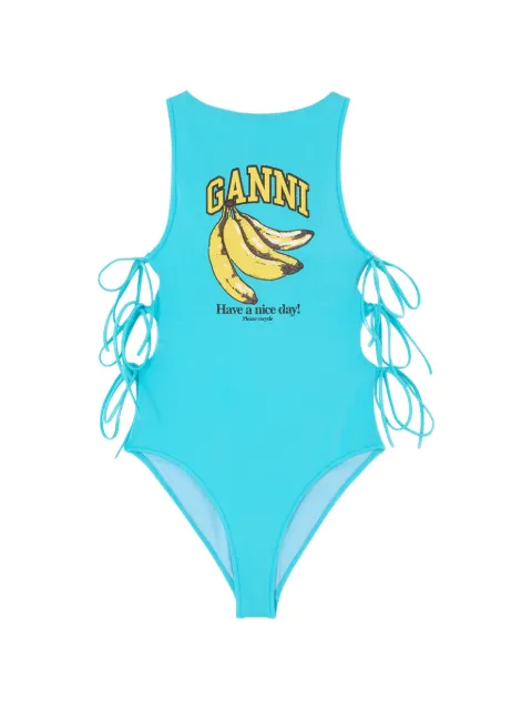 GANNI banana-print lace-up swimsuit Blue A3020015