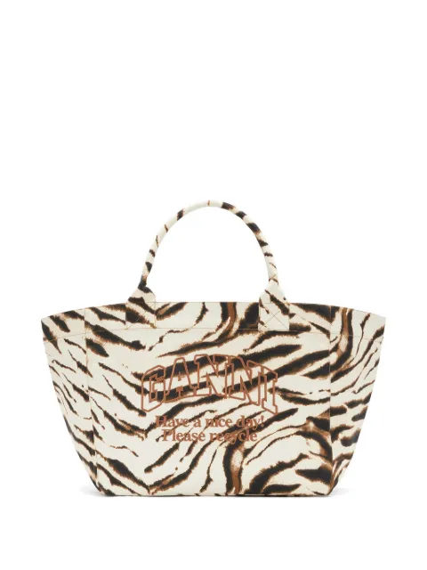 GANNI XXL tiger-print logo-embroidered tote bag Neutrals C2080025