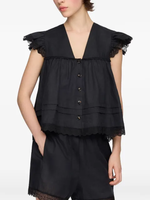 GANNI lace-trimmed ruffled blouse Black A1040370