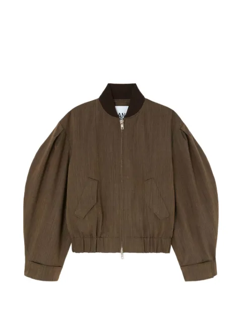 GANNI mélange-effect puff-sleeve bomber jacket Brown A1010215