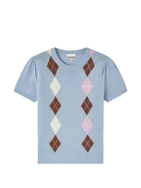 GANNI argyle-pattern T-shirt Blue A1040295