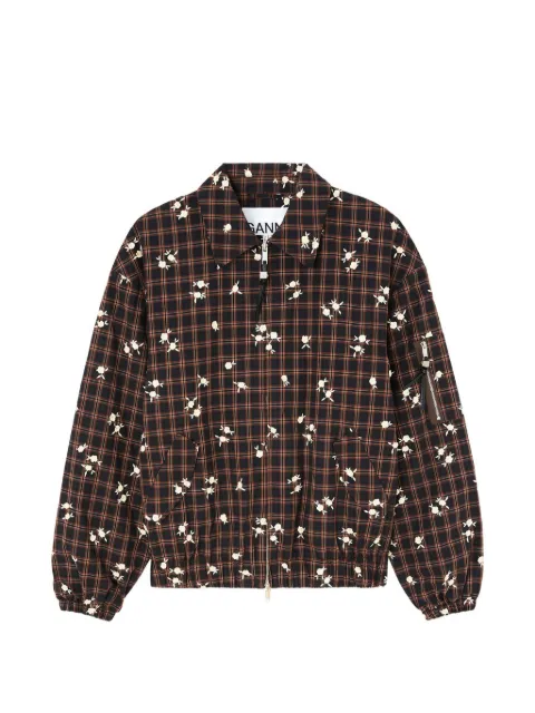 GANNI check floral-embroidered jacket Brown A1010198