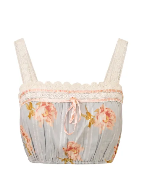 LoveShackFancy Broca peony-print lace-trim cropped blouse Blue T15693452