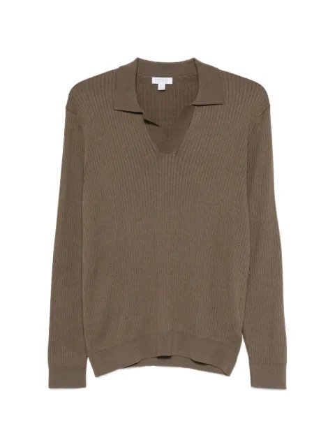 Sunspel ribbed-knit long-sleeve polo shirt Brown MPOL8298