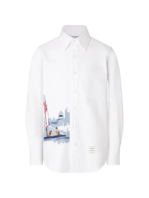 Thom Browne 4-Bar scenic-intarsia Oxford shirt White MWL272EE1619