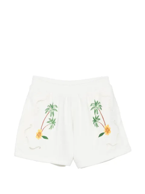 FARM Rio Coconut Trees Come To Rio palm-tree-embroidered eyelet-detail shorts White 349810