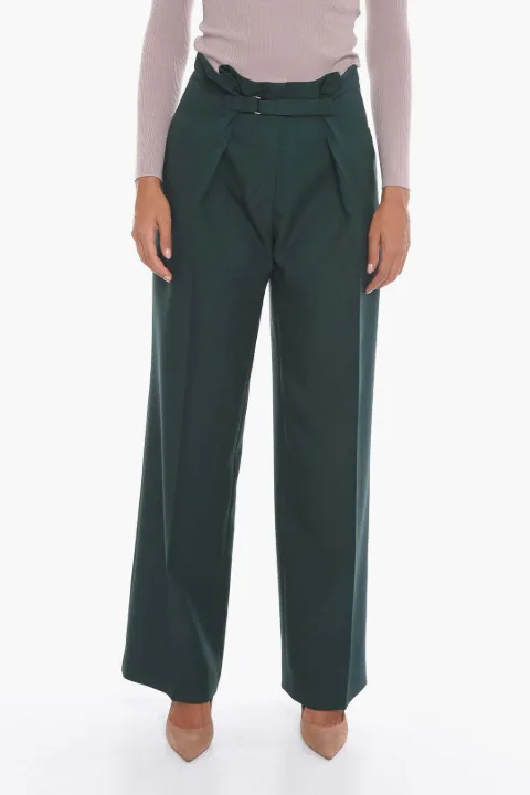 SUPER BLOND buckle-fastening pleated trousers Green TROUSERAVERDE