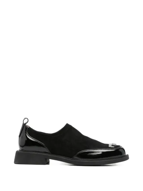 LINDA BAUMANN patent-panelled plaque-detail loafers Black 659326101