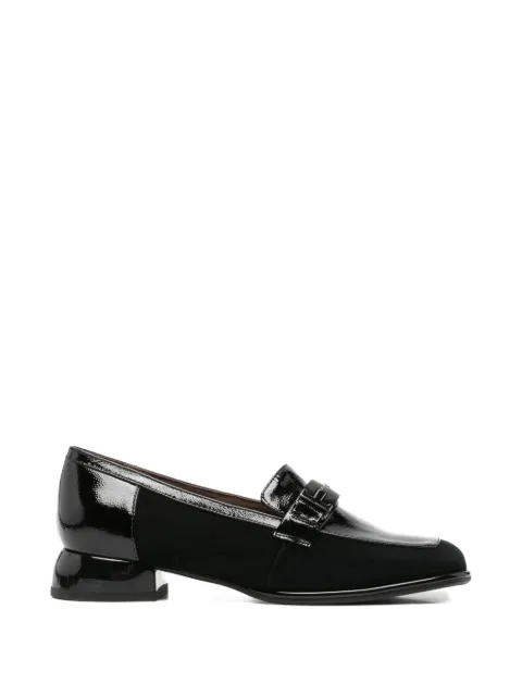 LINDA BAUMANN patent-panelled logo-plaque loafers Black 658526103