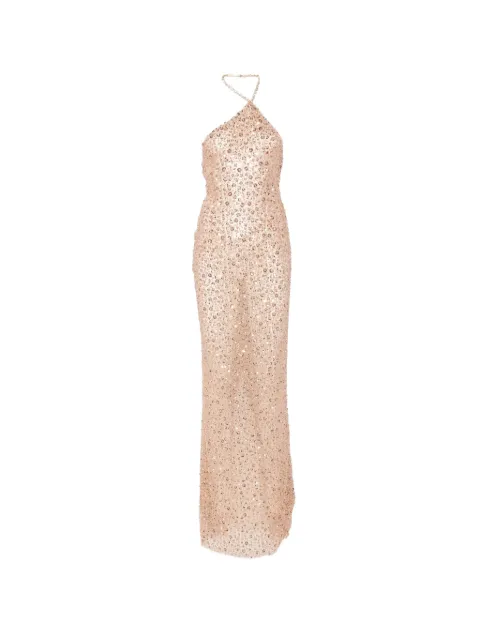 The New Arrivals Ilkyaz Ozel sequin-embellished halterneck maxi dress Neutrals PF26TNANA00304790979