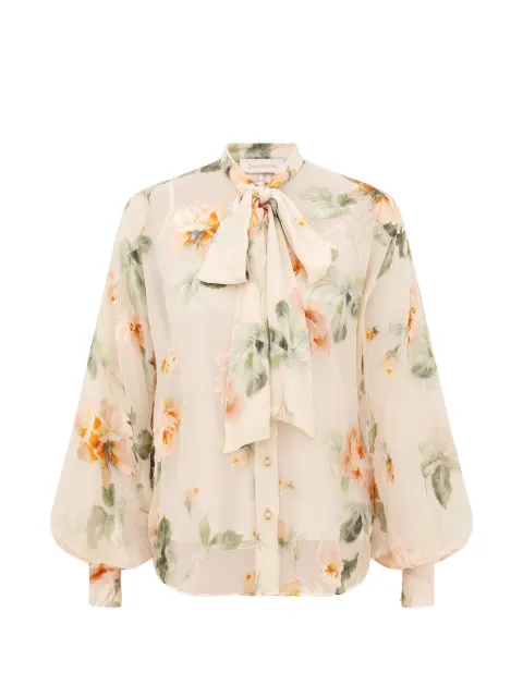 ZIMMERMANN Carousel Burnout floral-print pussy-bow blouse Neutrals 8171TS263