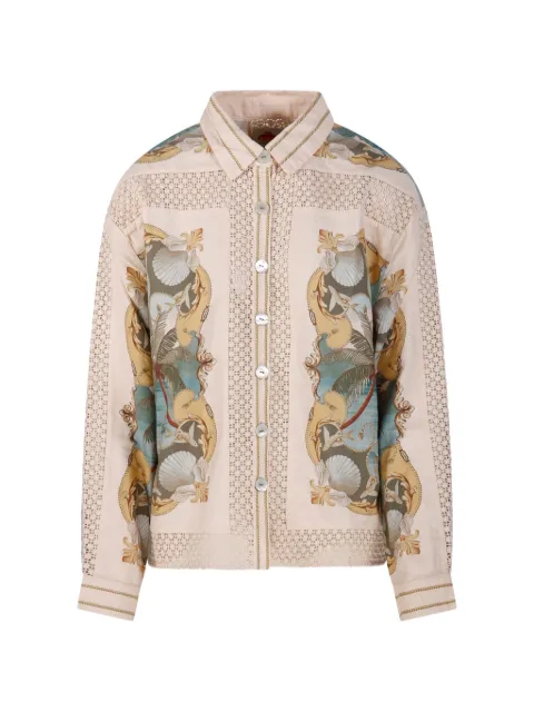 FARM Rio graphic-print crochet-panel shirt Neutrals 349107