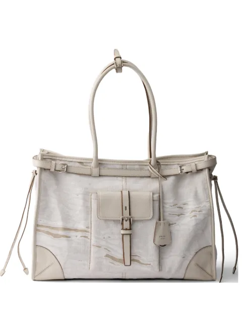 Prada Bonnie printed linen and leather tote bag Neutrals 1BA439VOTM2FPT