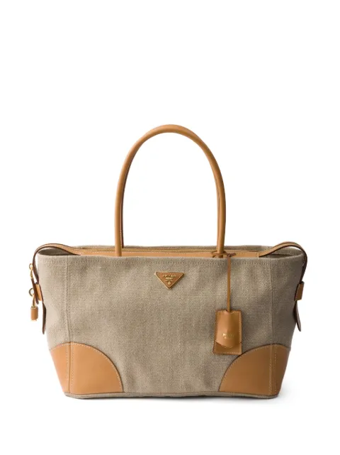 Prada large linen and leather tote bag Neutrals 1BG659VOOOP0E