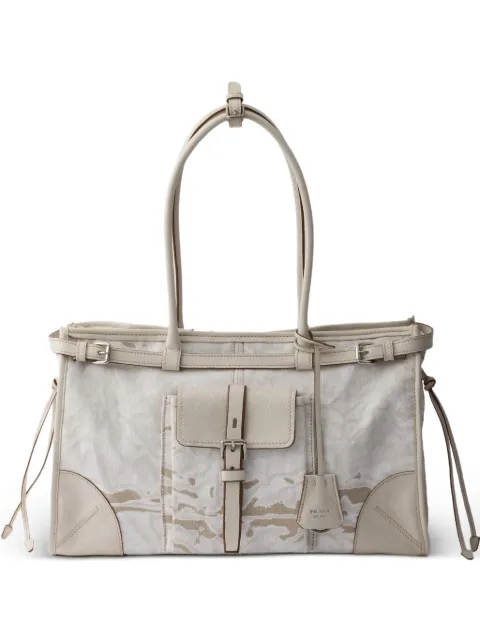 Prada Bonnie large printed linen and leather handbag Neutrals 1BA433VOTM2FPT