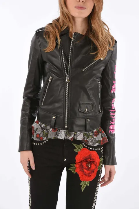 Philipp Plein Couture Angel embroidered leather biker jacket Black F18CWLB0771PLE002N