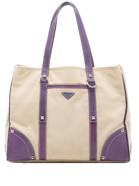 Prada Pre-Owned 2013-2025 Studded Leather Trimmed Canvas Front Pocket Tote satchel Brown COGBIVZTMZLDWLCC