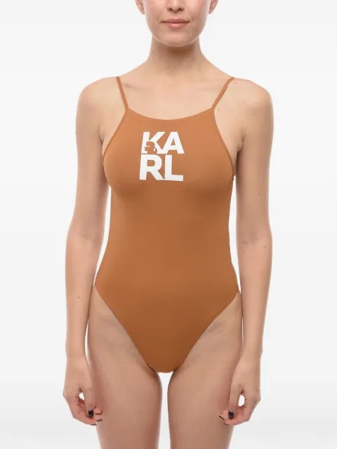Karl Lagerfeld logo-print scoop-neck swimsuit Brown KL22WOP01BROWN