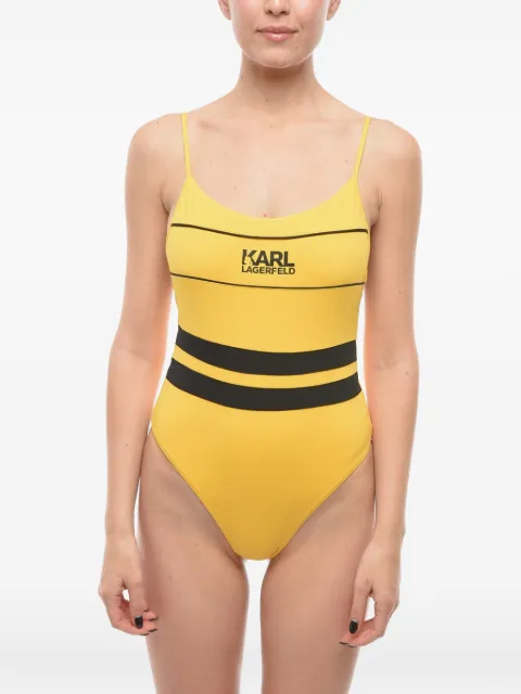 Karl Lagerfeld logo-print striped swimsuit Yellow KL22WOP05