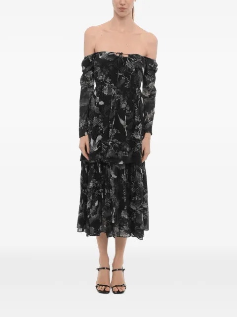 AllSaints Devyn Peggy off-the-shoulder floral-print midi dress Black DEVYNPEGGYWD099ZBLACK