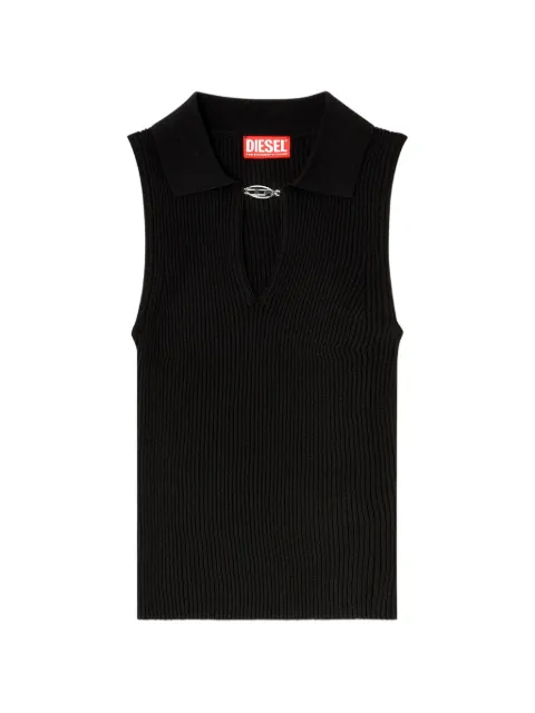 Diesel sleeveless rib-knit polo top in silk blend Black A230610JMCP