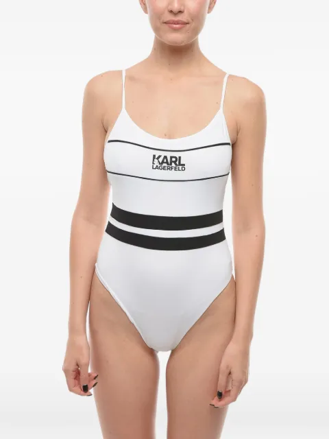 Karl Lagerfeld logo-print striped swimsuit White KL22WOP05WHITE