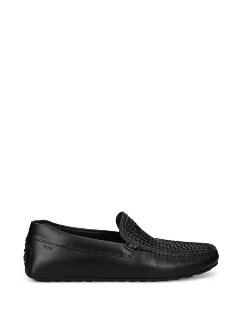 BOSS leather moccasins with woven vamp Black 50563133