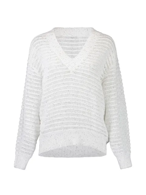 Brunello Cucinelli linen diamond yarn sweater with openwork stripes White MCO560902PC159