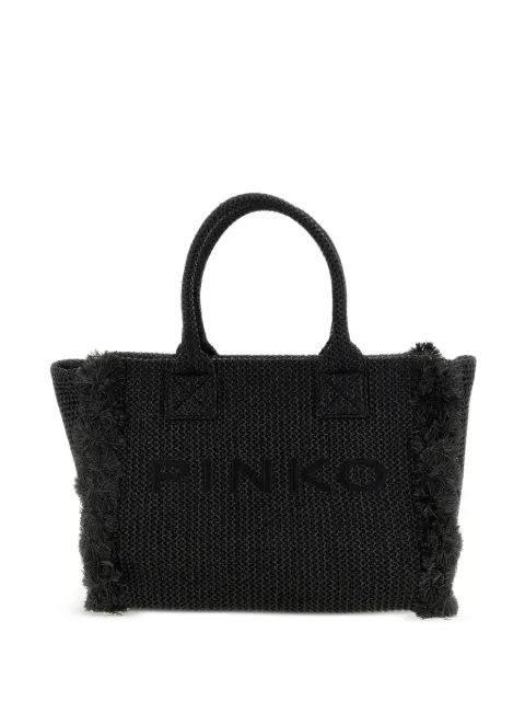 PINKO medium beach shopping tote in raffia with logo and tassels Black 106673A39Y