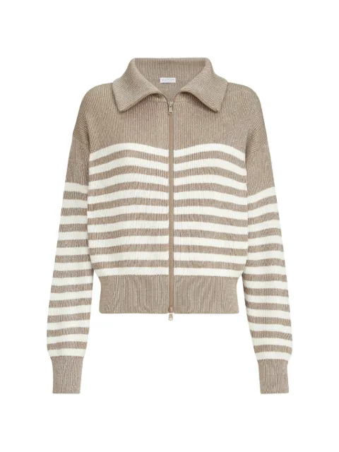 Brunello Cucinelli sparkling cotton striped English rib cardigan with zipper and Monili Neutrals MAZ230106CFC46