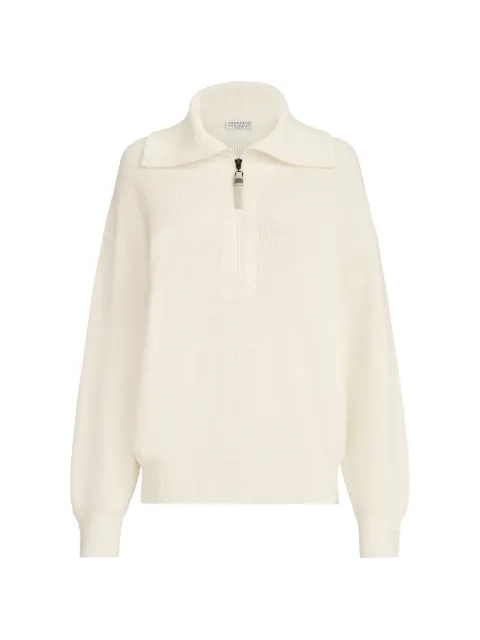 Brunello Cucinelli cotton English rib sweater with shiny zipper pull Neutrals M19264104C2723