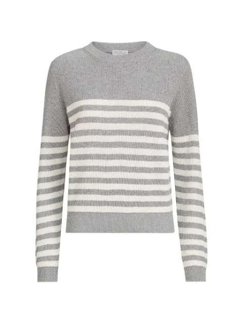 Brunello Cucinelli sparkling cotton striped English rib sweater with monili Grey MAZ230100CLO89