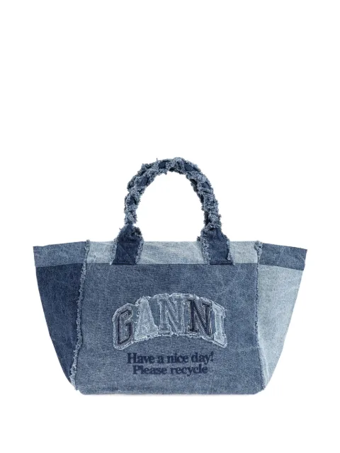 GANNI patchwork frayed-edge tote bag Blue B2110091