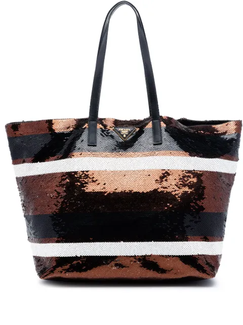 Prada Pre-Owned 2013-2026 Sequined Satin Stripes tote bag Brown V73KT62MBUYUYL3K