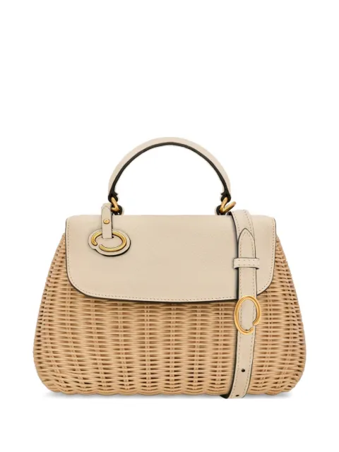 Oscar de la Renta Mini Poppy in wicker leather-trim tote bag Neutrals 26PH159WICIVR